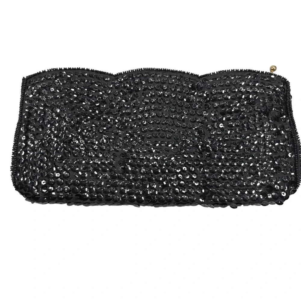 Vintage Women Cosmetic Bag Pouch Sequin Beaded Scalloped Edge Black Gatsby Glam